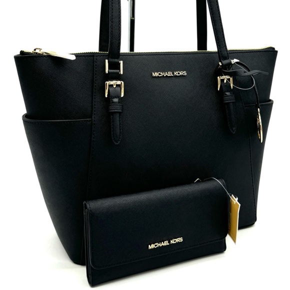 Michael Kors Large Charlotte TZ Tote Bag & Large Trifold Wallet Black/Gold - Picture 3 of 14